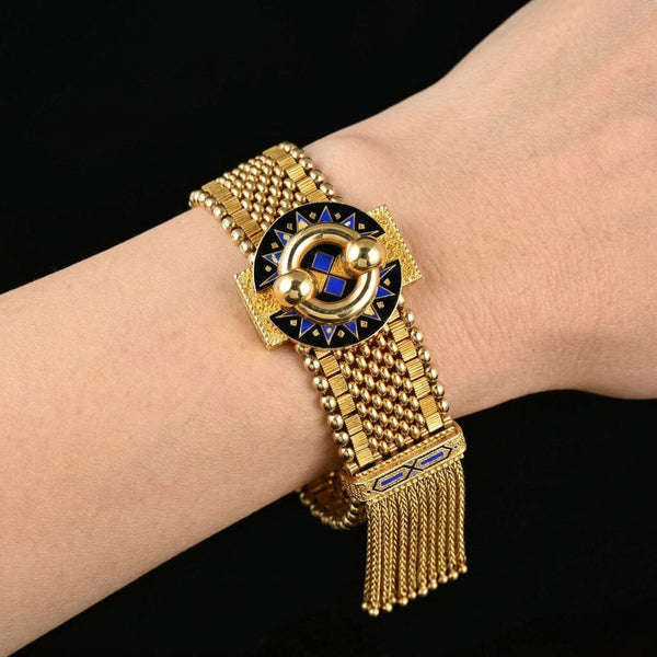 Antique Victorian 14K Gold Mesh Slide Bracelet with Enamel