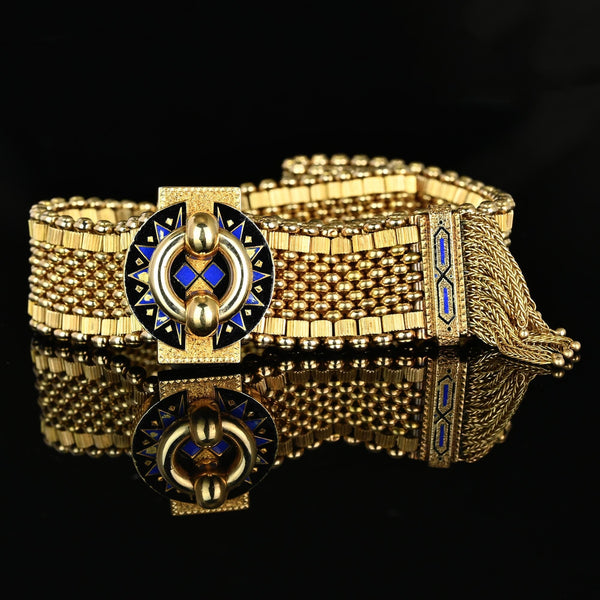 Antique Victorian 14K Gold Mesh Slide Bracelet with Enamel