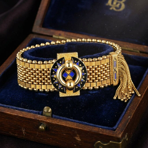 Antique Victorian 14K Gold Mesh Slide Bracelet with Enamel
