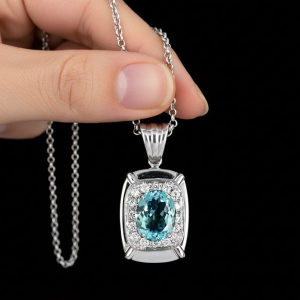 Vintage 4ct Aquamarine Diamond Halo Pendant 14K White Gold