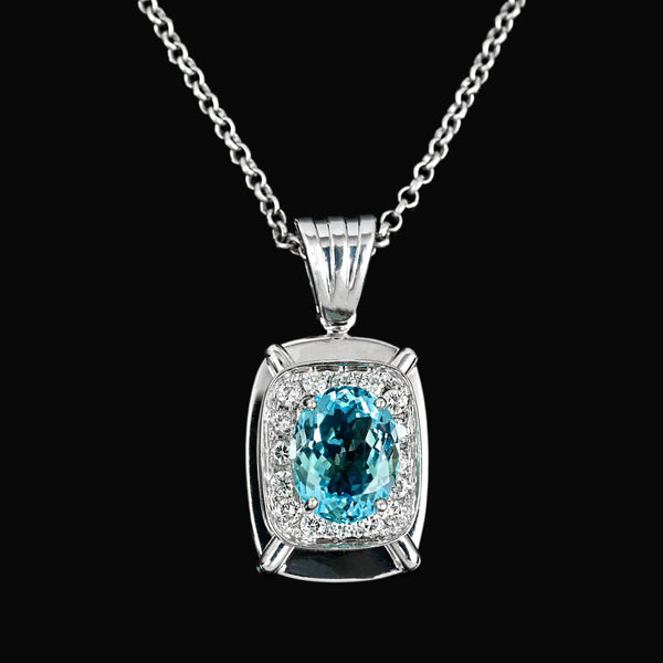 Vintage 4ct Aquamarine Diamond Halo Pendant 14K White Gold
