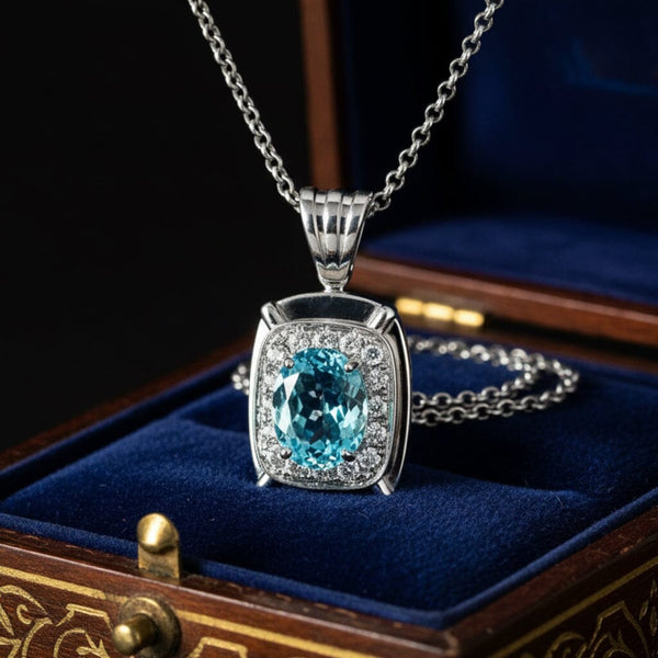 Vintage 4ct Aquamarine Diamond Halo Pendant 14K White Gold