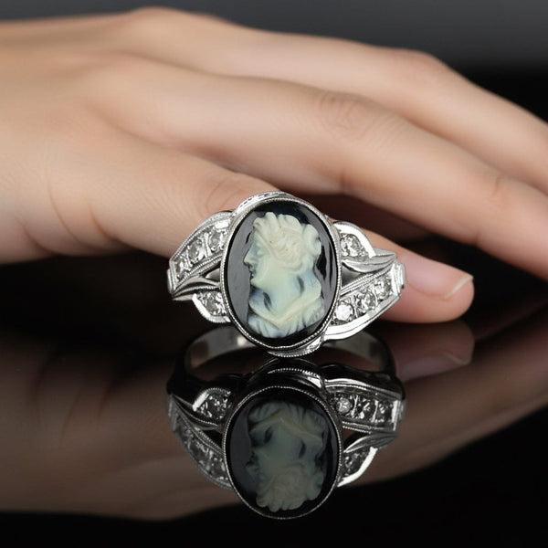 Art Deco 14K White Gold Diamond Onyx Cameo Ring - Boylerpf