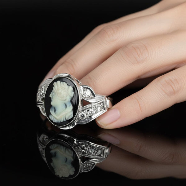 Art Deco 14K White Gold Diamond Onyx Cameo Ring - Boylerpf