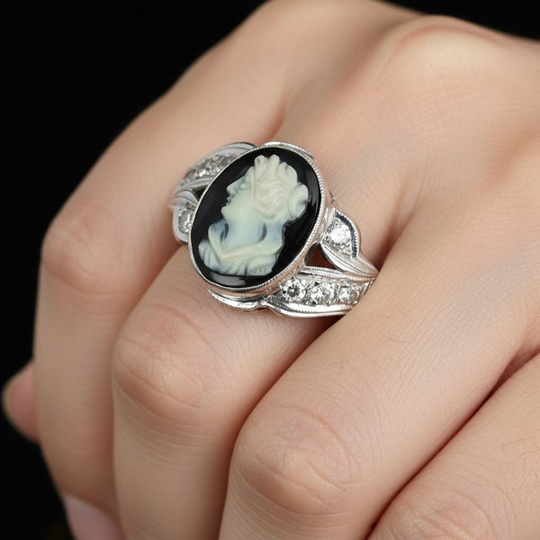 Art Deco 14K White Gold Diamond Onyx Cameo Ring - Boylerpf