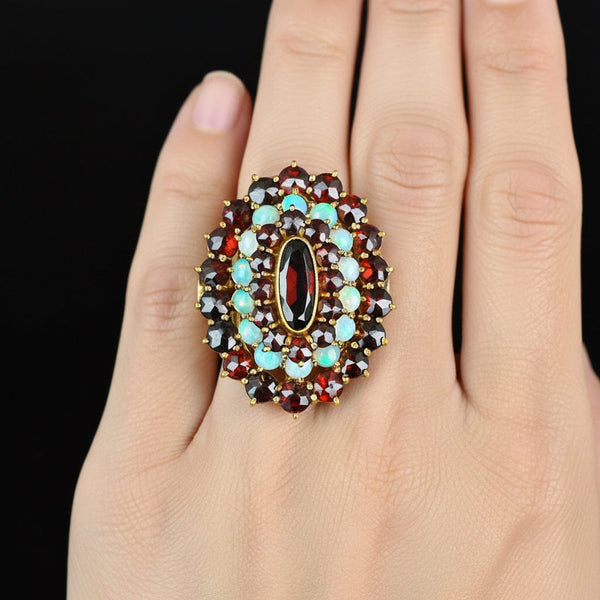 Antique 14K Gold Opal Garnet Tiered Cocktail Ring