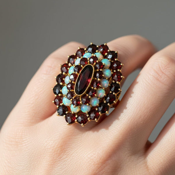 Antique 14K Gold Opal Garnet Tiered Cocktail Ring