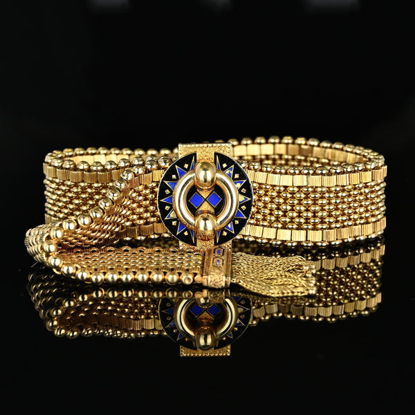 Antique Victorian 14K Gold Mesh Slide Bracelet with Enamel