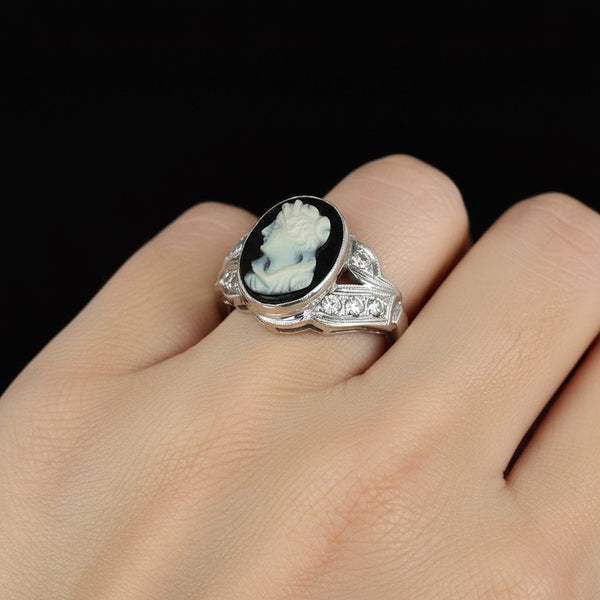 Art Deco 14K White Gold Diamond Onyx Cameo Ring - Boylerpf