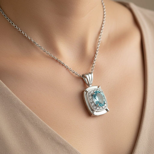 Vintage 4ct Aquamarine Diamond Halo Pendant 14K White Gold