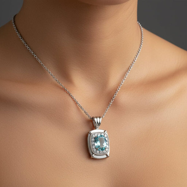 Vintage 4ct Aquamarine Diamond Halo Pendant 14K White Gold