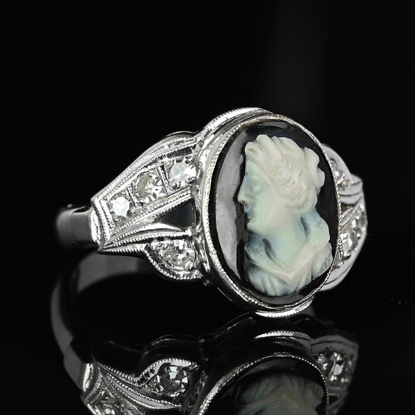 Art Deco 14K White Gold Diamond Onyx Cameo Ring - Boylerpf