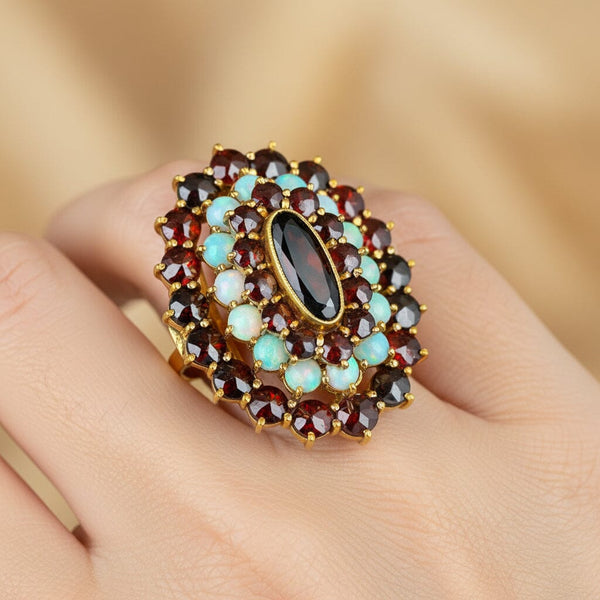 Antique 14K Gold Opal Garnet Tiered Cocktail Ring