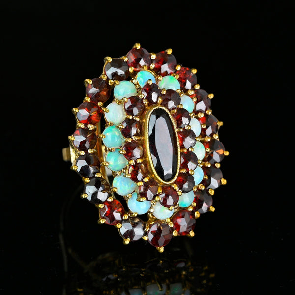 Antique 14K Gold Opal Garnet Tiered Cocktail Ring