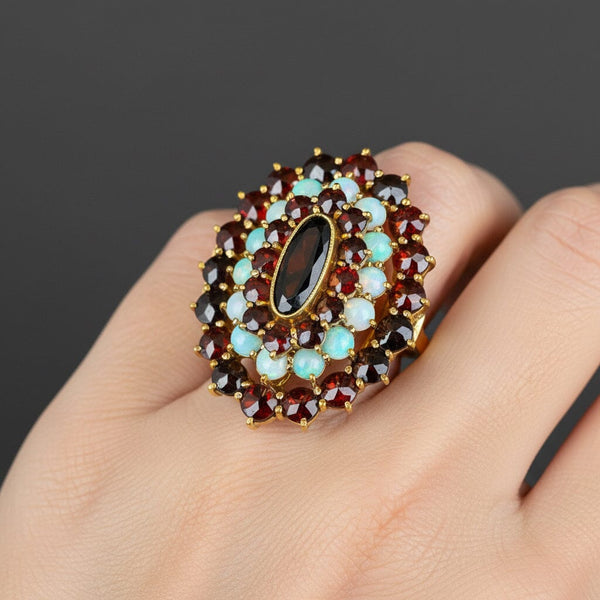 Antique 14K Gold Opal Garnet Tiered Cocktail Ring