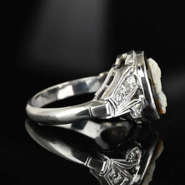 Art Deco 14K White Gold Diamond Onyx Cameo Ring - Boylerpf