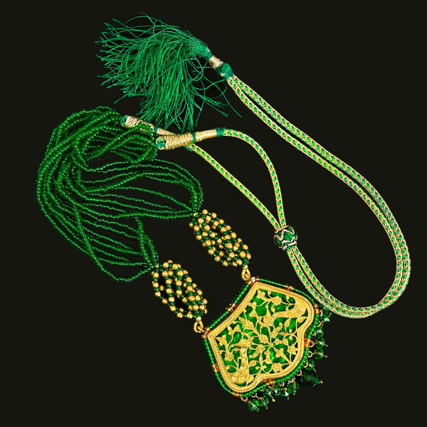 Vintage Thewa 18K Gold Enamel Green Glass Necklace
