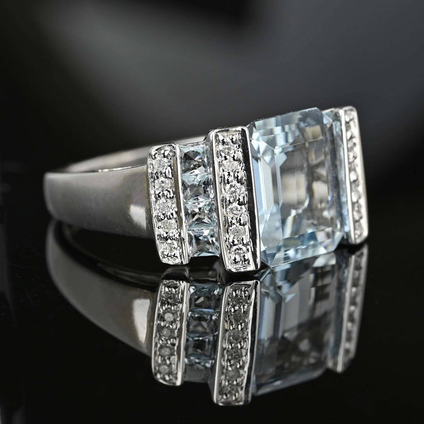 Vintage 14K White Gold Diamond Aquamarine Ring - Boylerpf