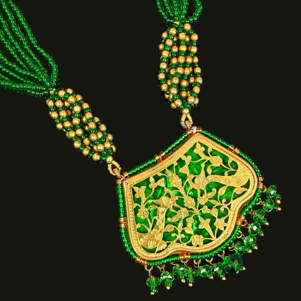Vintage Thewa 18K Gold Enamel Green Glass Necklace
