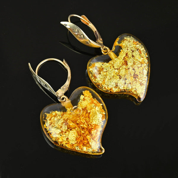 Vintage 14K Gold Witch's Heart Earrings, 24K Gold Flakes - Boylerpf