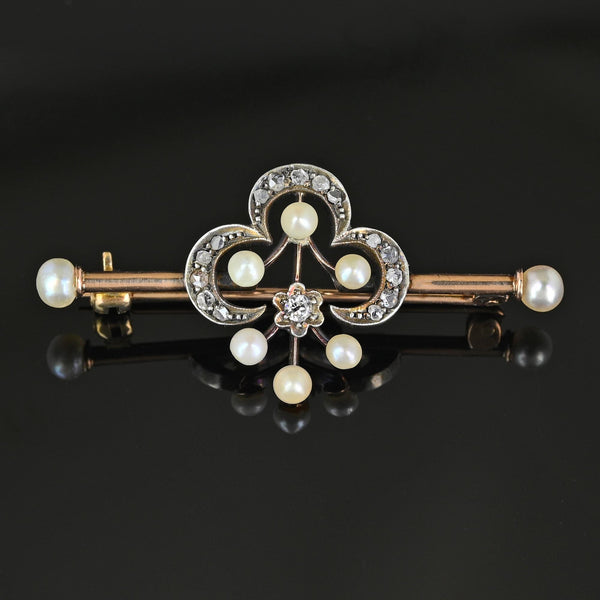 Antique 15K Gold Pearl & Rose Cut Diamond Brooch - Boylerpf