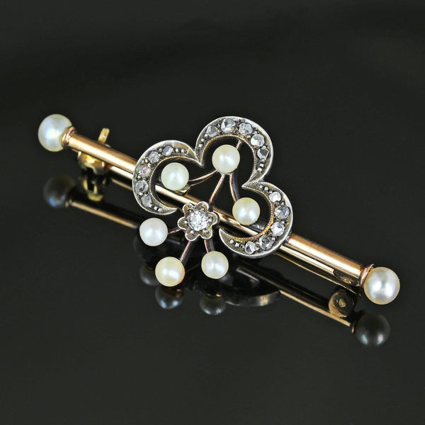 Antique 15K Gold Pearl & Rose Cut Diamond Brooch - Boylerpf