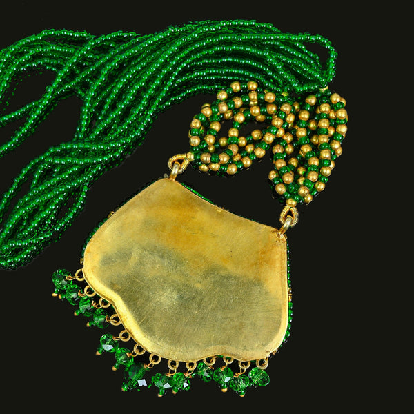 Vintage Thewa 18K Gold Enamel Green Glass Necklace