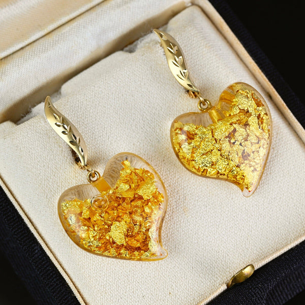 Vintage 14K Gold Witch's Heart Earrings, 24K Gold Flakes - Boylerpf