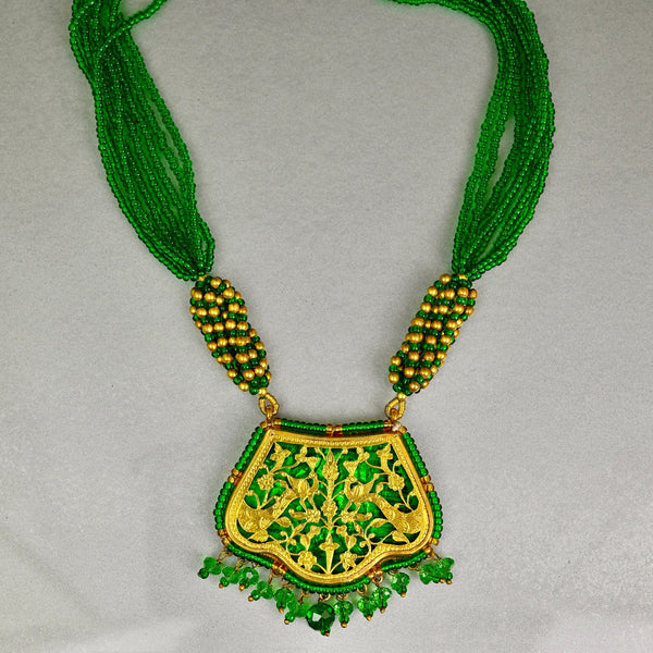 Vintage Thewa 18K Gold Enamel Green Glass Necklace