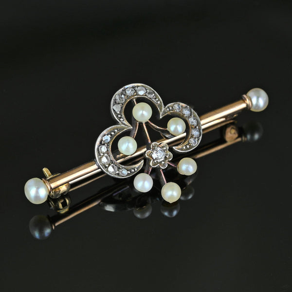 Antique 15K Gold Pearl & Rose Cut Diamond Brooch - Boylerpf