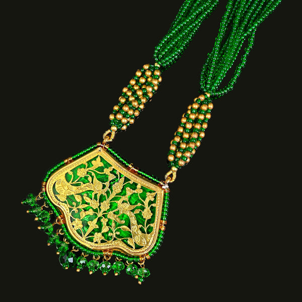 Vintage Thewa 18K Gold Enamel Green Glass Necklace