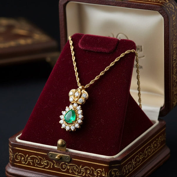 Vintage Emerald Diamond Pendant Necklace, 14K Gold Halo
