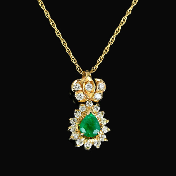Vintage Emerald Diamond Pendant Necklace, 14K Gold Halo