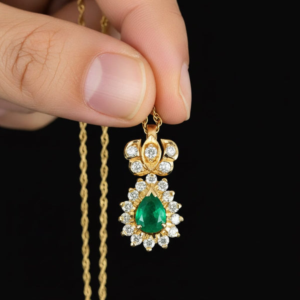 Vintage Emerald Diamond Pendant Necklace, 14K Gold Halo