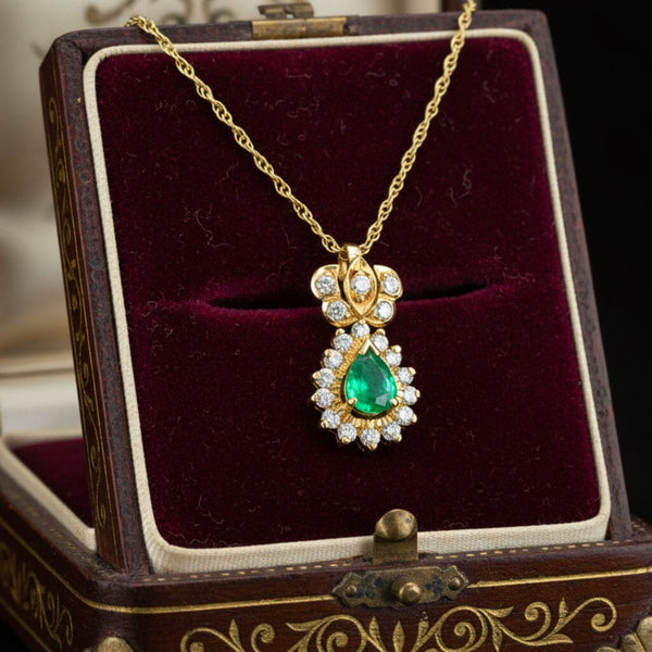 Vintage Emerald Diamond Pendant Necklace, 14K Gold Halo