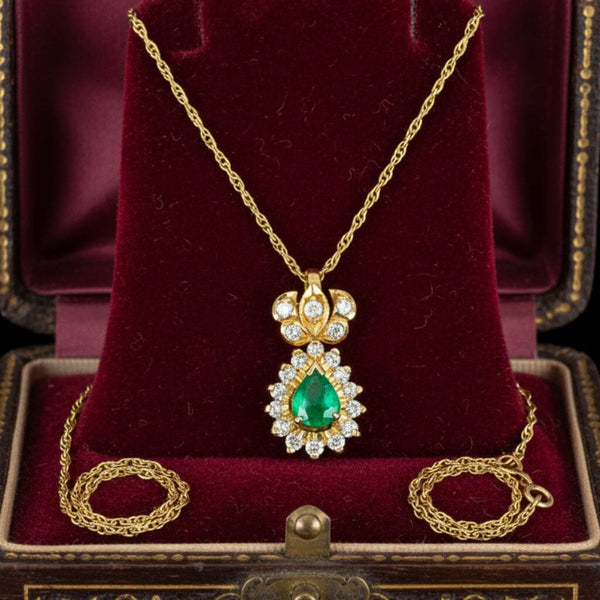 Vintage Emerald Diamond Pendant Necklace, 14K Gold Halo