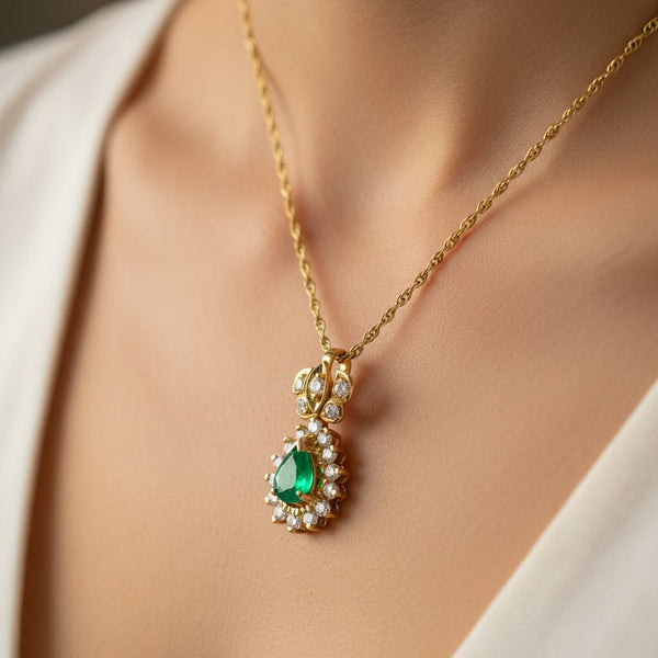 Vintage Emerald Diamond Pendant Necklace, 14K Gold Halo