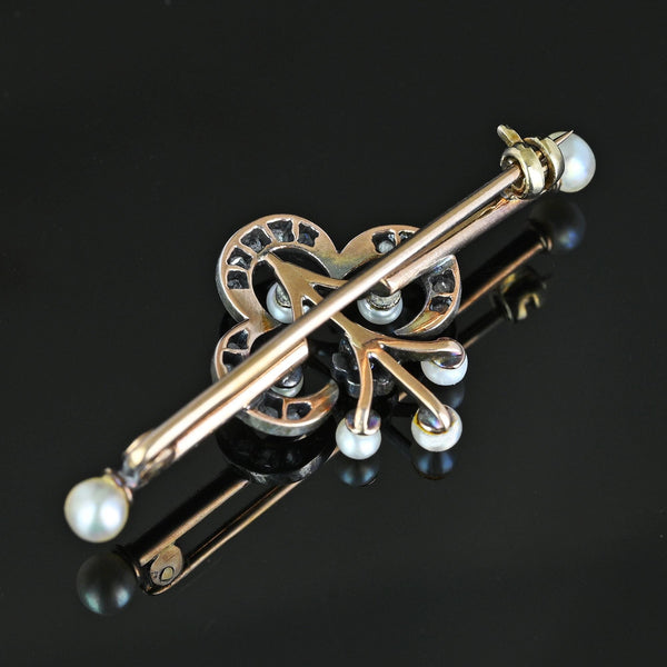 Antique 15K Gold Pearl & Rose Cut Diamond Brooch - Boylerpf