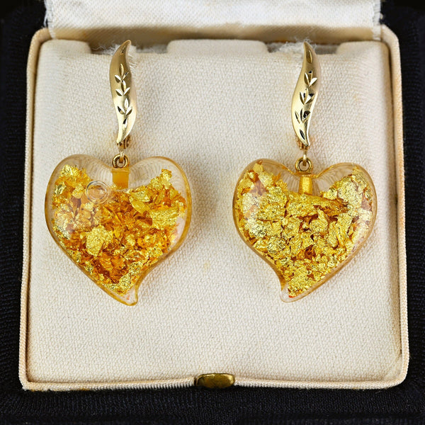 Vintage 14K Gold Witch's Heart Earrings, 24K Gold Flakes - Boylerpf