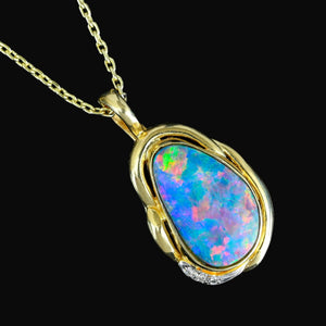 Vintage 14K Gold Diamond Boulder Opal Pendant Necklace - Boylerpf