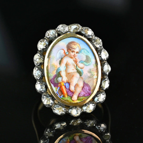 Antique Georgian Rose Cut Diamond Enamel Cupid Ring - Boylerpf
