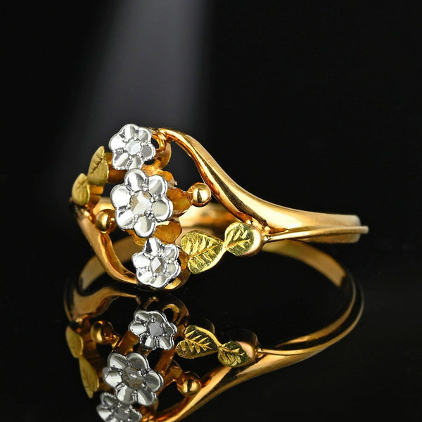 Antique 18K Gold Leaf Forget Me Not Rose Cut Diamond Ring - Boylerpf