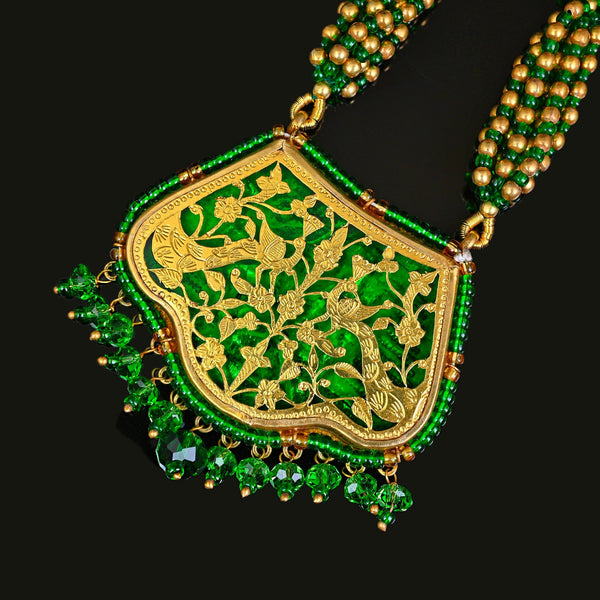 Vintage Thewa 18K Gold Enamel Green Glass Necklace