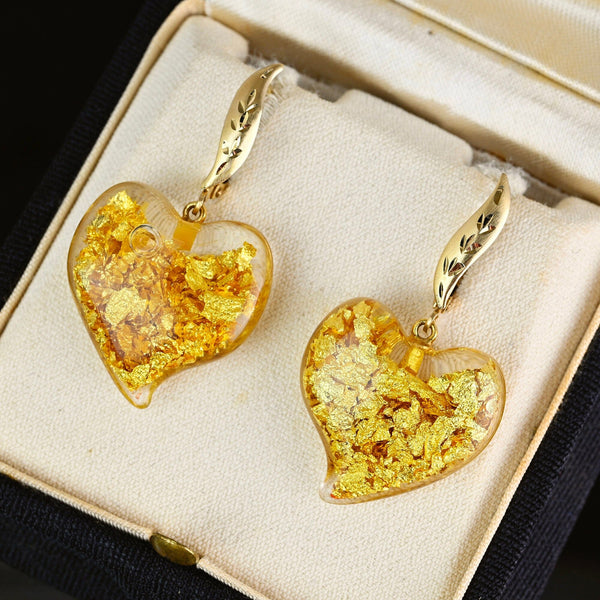 Vintage 14K Gold Witch's Heart Earrings, 24K Gold Flakes - Boylerpf