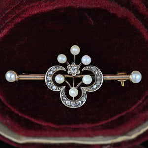 Antique 15K Gold Pearl & Rose Cut Diamond Brooch - Boylerpf