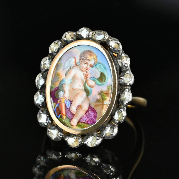Antique Georgian Rose Cut Diamond Enamel Cupid Ring - Boylerpf