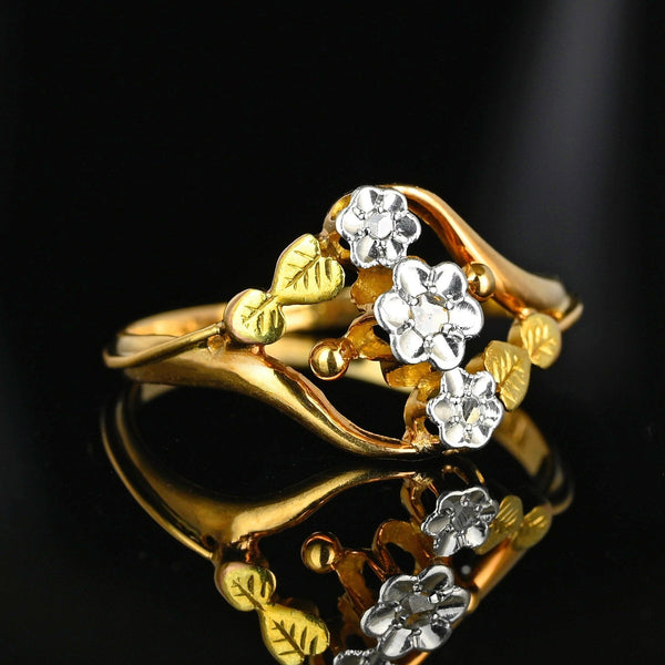 Antique 18K Gold Leaf Forget Me Not Rose Cut Diamond Ring - Boylerpf