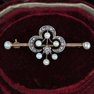 Antique 15K Gold Pearl & Rose Cut Diamond Brooch - Boylerpf