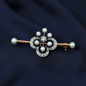 Antique 15K Gold Pearl & Rose Cut Diamond Brooch - Boylerpf