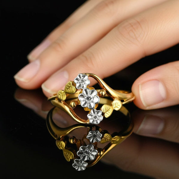 Antique 18K Gold Leaf Forget Me Not Rose Cut Diamond Ring - Boylerpf